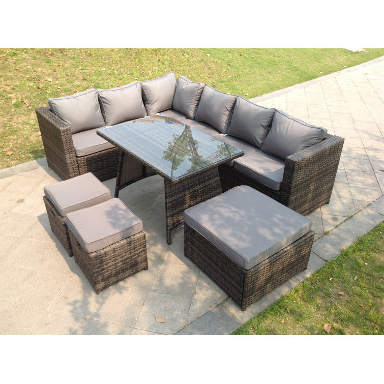 Latitude Run 9 Seater Rattan Corner Sofa Set Dining Table Footstool